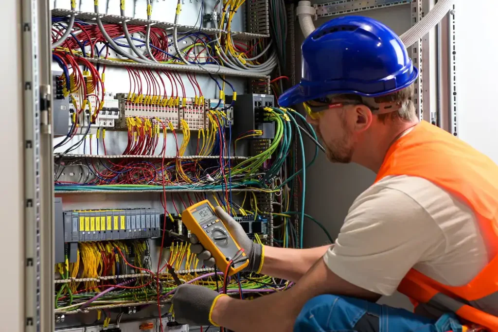 commercial electrician inspecting wires and switches 1024x683